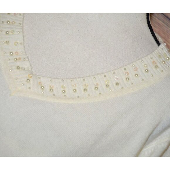 Allegra Ladies 2X Neutral Cream V-Neck Sweater Faux Pearl & Beaded Trim Holidays - Picture 4 of 8